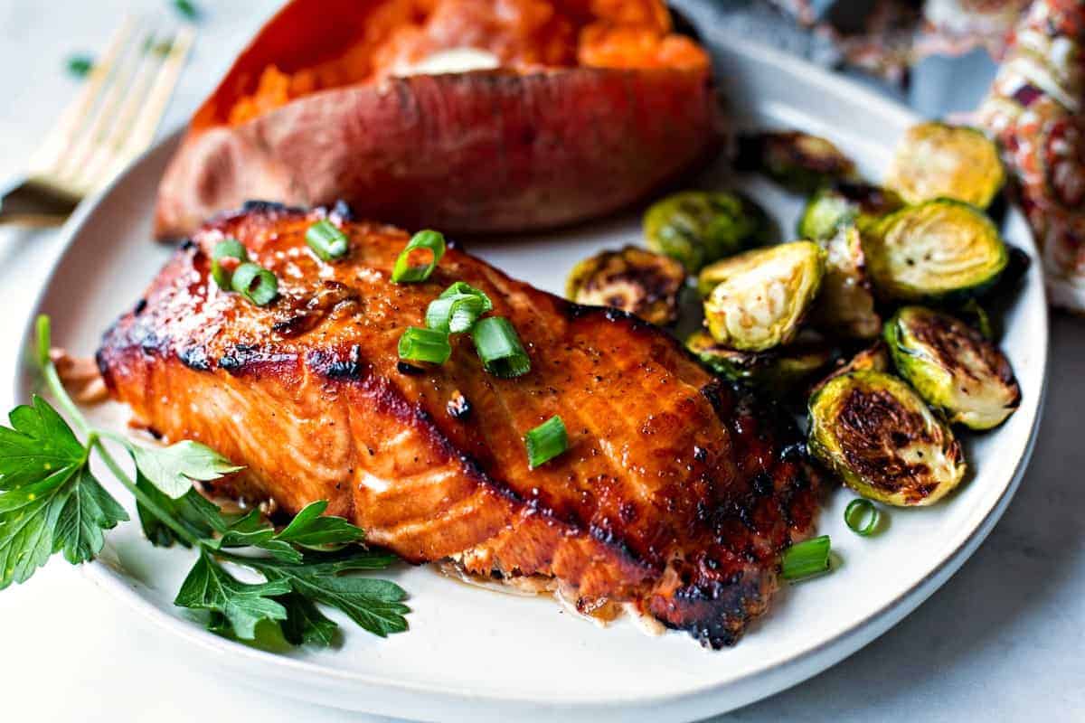 Grilled salmon fillet, plated